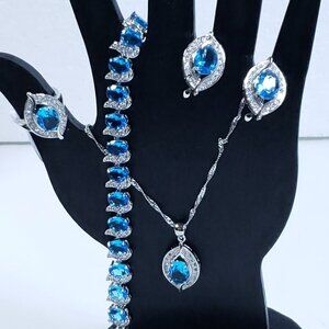 Sky Blue Necklace, Earring, Ring & Bracelet (925)